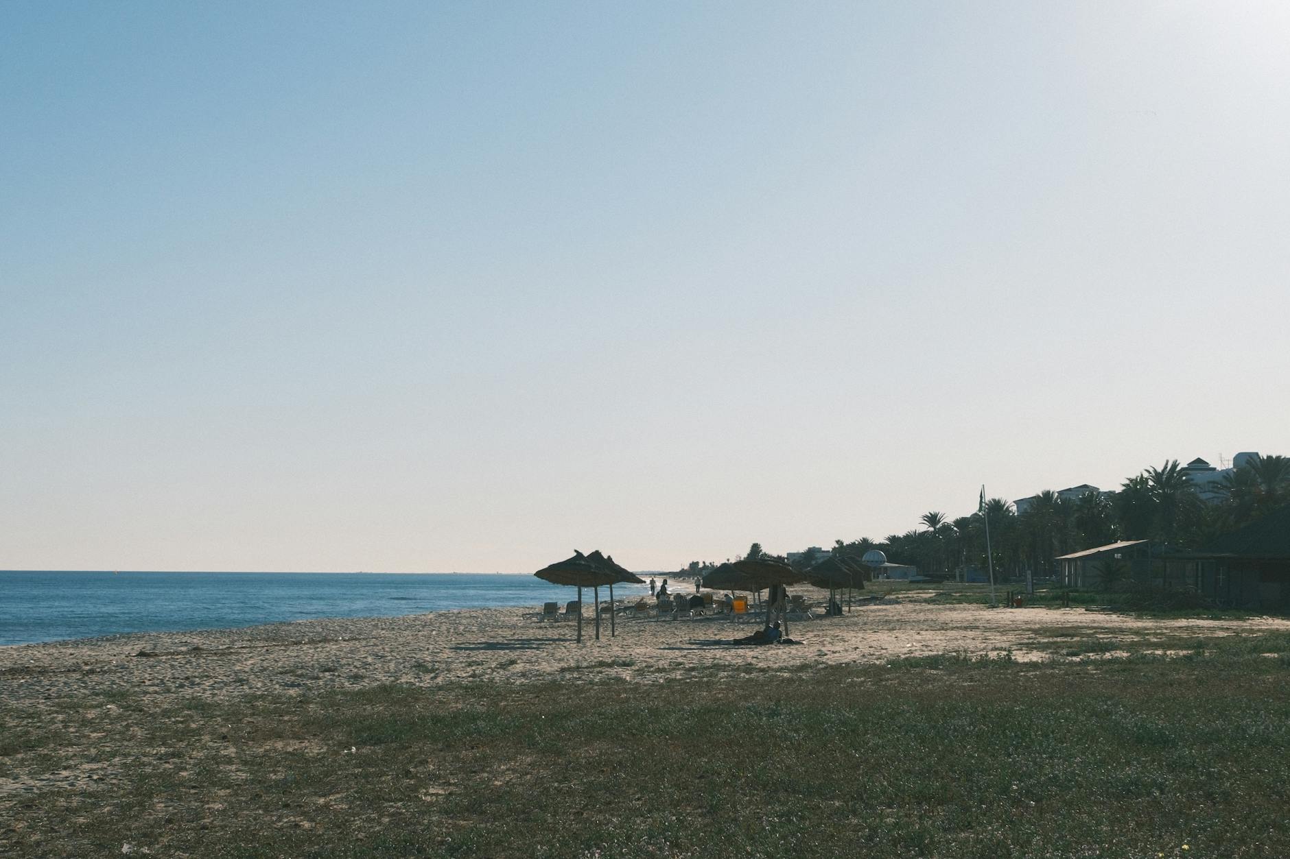 Spokojna tunezyjska plaża z palmowymi parasolami o zachodzie słońca
